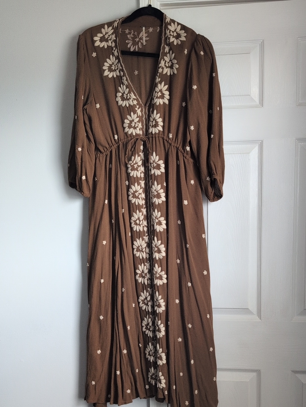 Free People Brown Maxi Dress with Cream Floral Embroidery
